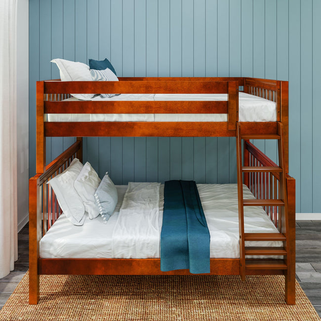LUSH XL CS : Staggered Bunk Beds Full XL over Queen High Bunk Bed with Angled Ladder, Slat, Chestnut
