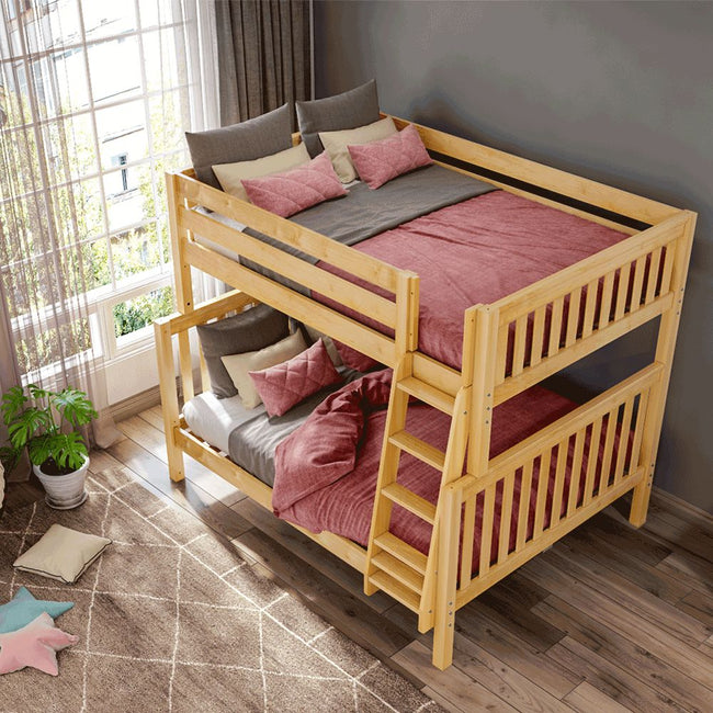 LUSH XL NS : Staggered Bunk Beds Full XL over Queen High Bunk Bed with Angled Ladder, Slat, Natural