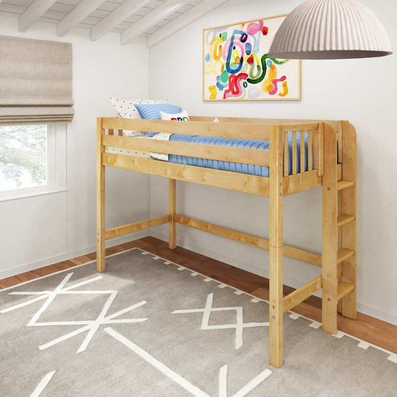 Natural wood loft bed with blue bedding in a bright children's bedroom featuring abstract watercolor wall art, beige roman shade and pendant light