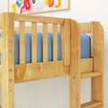Close-up of solid maple wood bunk bed guardrail and ladder with blue mattress, natural wood finish slats and exposed bolts in a child's bedroom