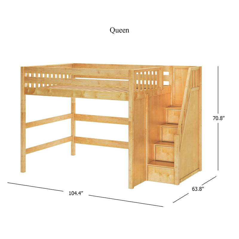 Queen-size natural wood loft bed with built-in staircase and storage drawers, slatted guardrails and open under-bed area, dimensions 104.4 in L × 63.8 in W × 70.8 in H