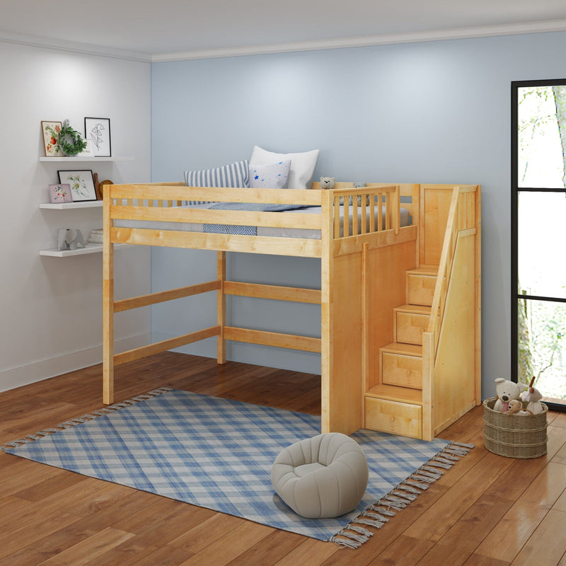 Natural wood kids loft bed with built-in storage stairs in a light-blue children's bedroom with striped pillows, plaid rug, framed art and toy basket