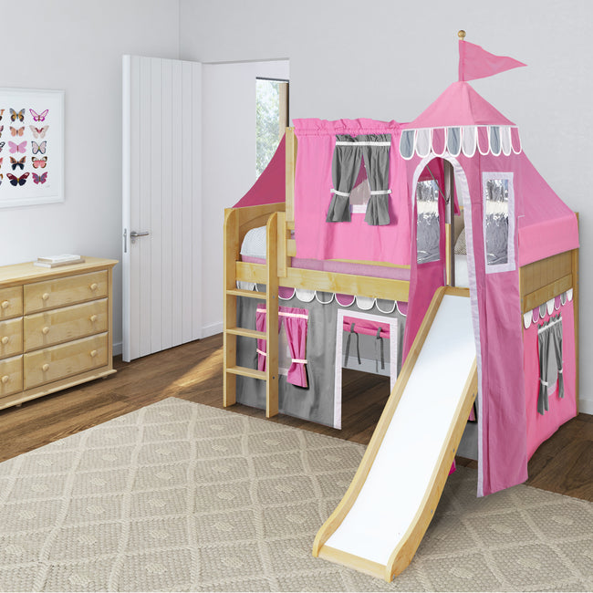 MARVELOUS57 NP : Play Loft Beds Twin Low Loft Bed with Straight Ladder, Curtain, Top Tent, Tower + Slide, Panel, Natural