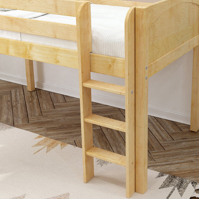 Natural wood loft bed with built-in ladder and white twin mattress on herringbone parquet floor