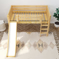 Top-down view of natural wood kids loft bed with slide and ladder, slatted frame in modern children's bedroom with herringbone floor and patterned rug