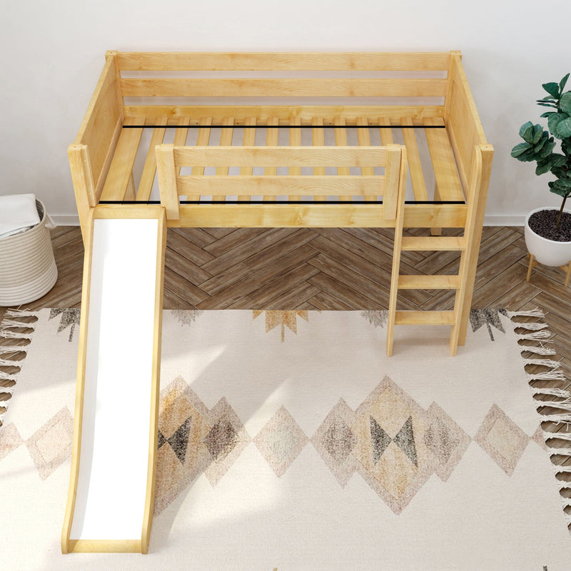 Top-down view of natural wood kids loft bed with slide and ladder, slatted frame in modern children's bedroom with herringbone floor and patterned rug