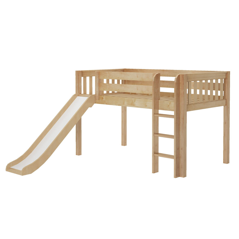 Children's natural wood loft bed with built-in slide and ladder, slatted guardrails and elevated platform for kids' bedroom or playroom