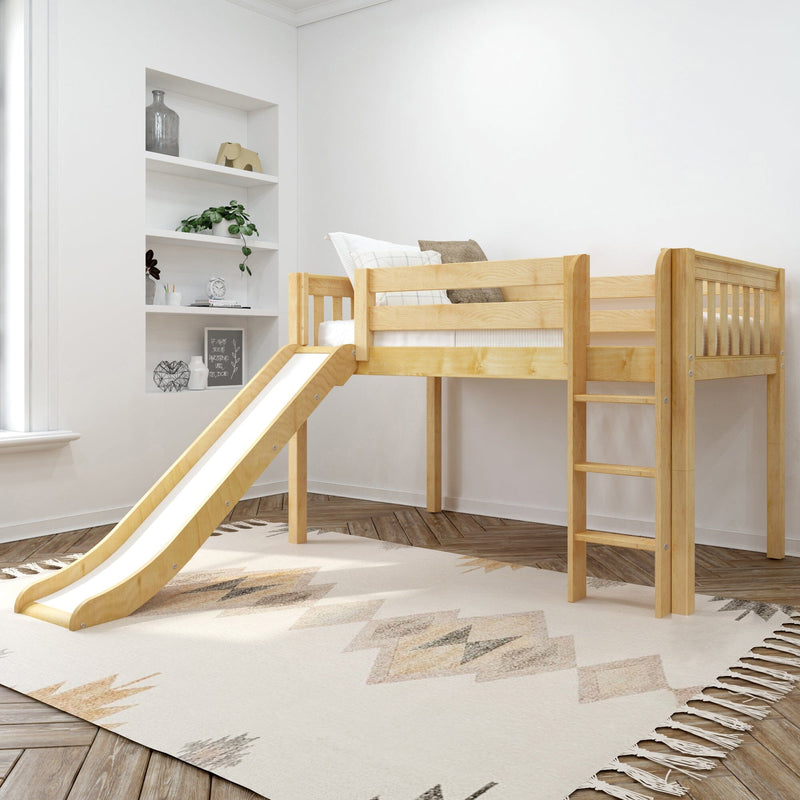 Natural wood kids loft bed with slide and ladder in a bright, neutral Scandinavian-style children's bedroom with built-in white shelving, indoor plant, decorative accents and patterned rug