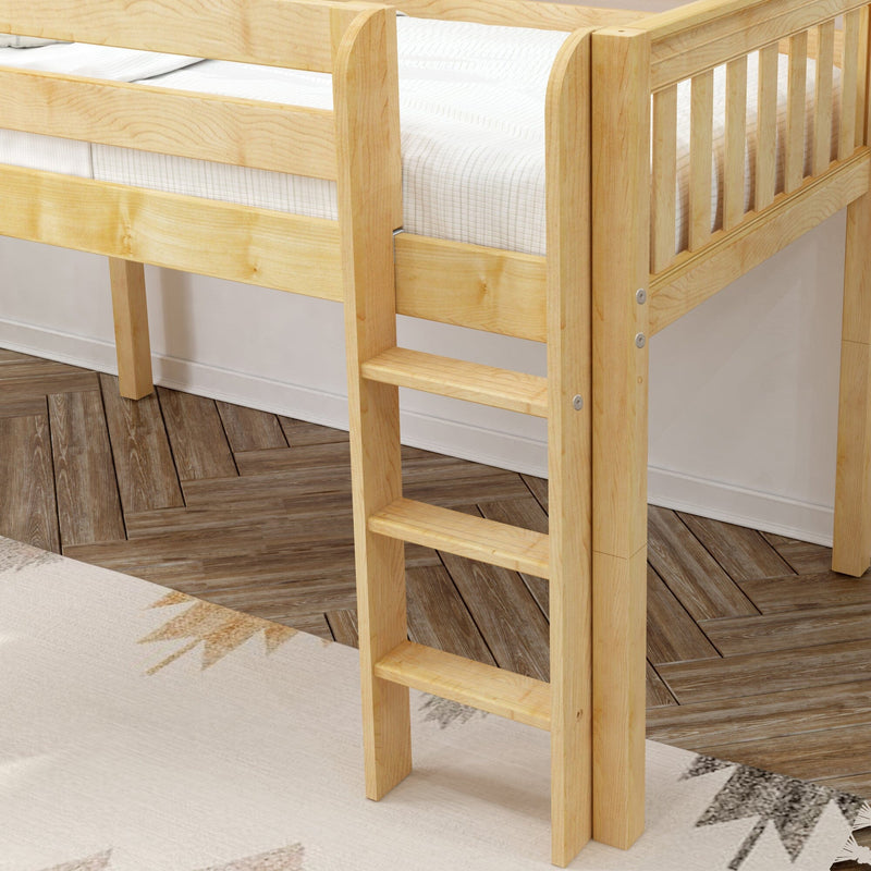 Light natural wood loft bed with built-in ladder and slatted guardrail, white mattress on herringbone hardwood floor in modern children's bedroom