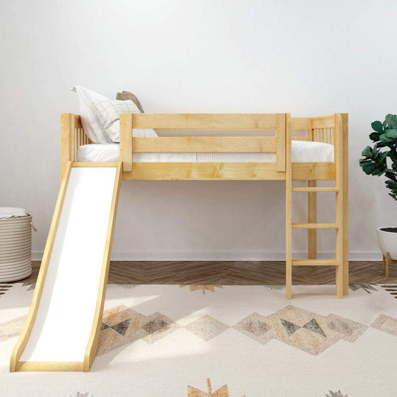 Kids loft bed with slide — natural pine bunk bed with ladder, white bedding and plaid pillows in minimalist children's bedroom