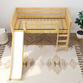 Kids loft bed with slide and ladder in modern children's bedroom, natural pine wood bunk bed with playful design and patterned rug