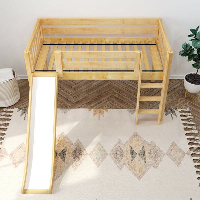 Kids loft bed with slide and ladder in modern children's bedroom, natural pine wood bunk bed with playful design and patterned rug