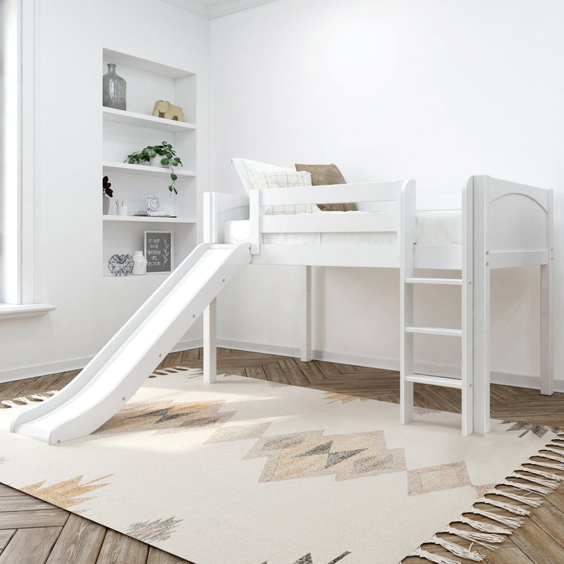 White children's loft bed with slide in minimalist Scandinavian kids bedroom, built-in shelves, neutral pillows and geometric rug