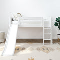 White children's loft bed with slide and ladder in a modern minimalist bedroom with plaid pillows, neutral rug and indoor plant