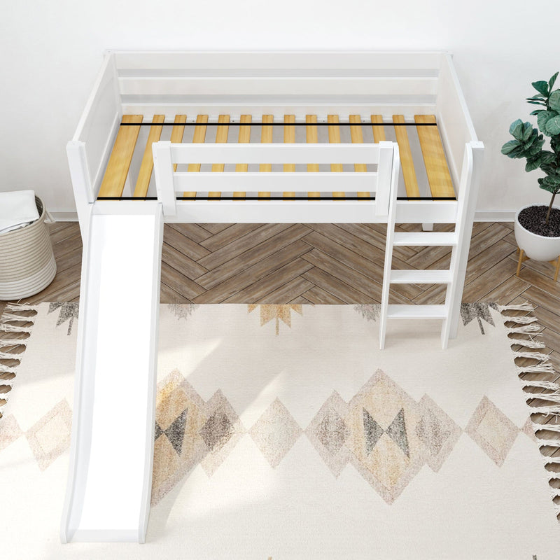White children's loft bed with slide and ladder, wooden slat mattress base, herringbone wood floor, patterned rug and potted plant — modern kids bedroom furniture
