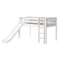 White wooden kids loft bed with integrated slide and ladder, elevated children's bunk bed frame for modern nursery or playroom