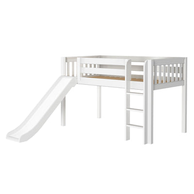 White wooden kids loft bed with slide and ladder, space-saving high sleeper with guardrails and slatted mattress base for children's bedroom