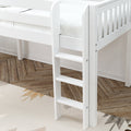 White wooden bunk bed ladder and safety rail with fitted mattress on herringbone hardwood floor and patterned rug