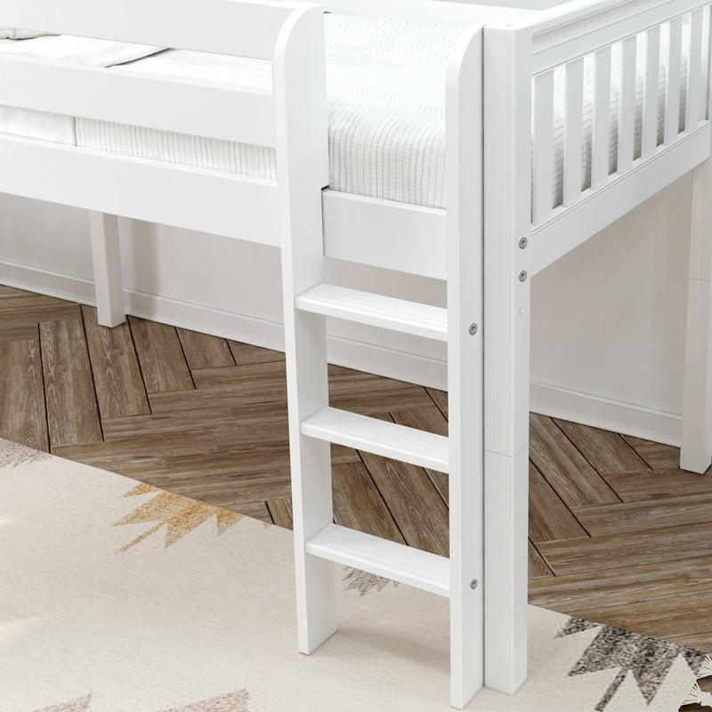 White wooden bunk bed ladder and safety rail with fitted mattress on herringbone hardwood floor and patterned rug