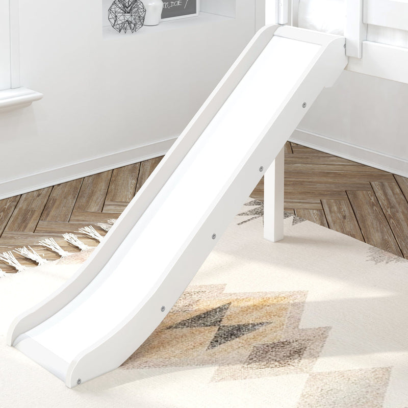 White indoor kids slide attached to a loft bed in a modern nursery with herringbone wood floor and patterned area rug