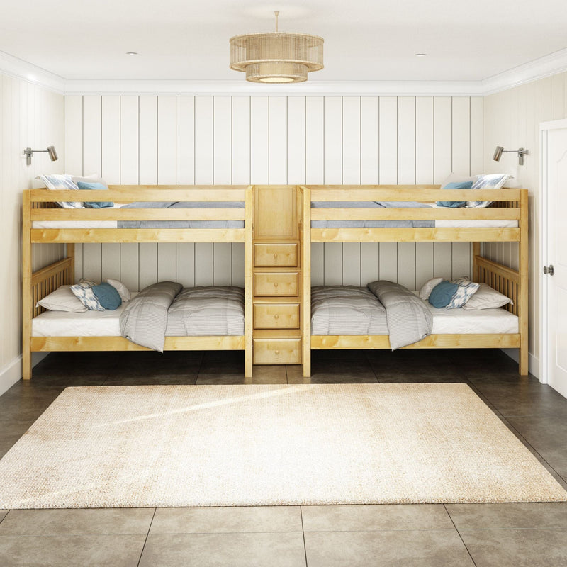 Natural wood twin bunk beds with center ladder and built-in drawers in a neutral kids' bedroom with white shiplap walls, gray bedding, wall-mounted reading lights, rattan pendant light and beige area rug