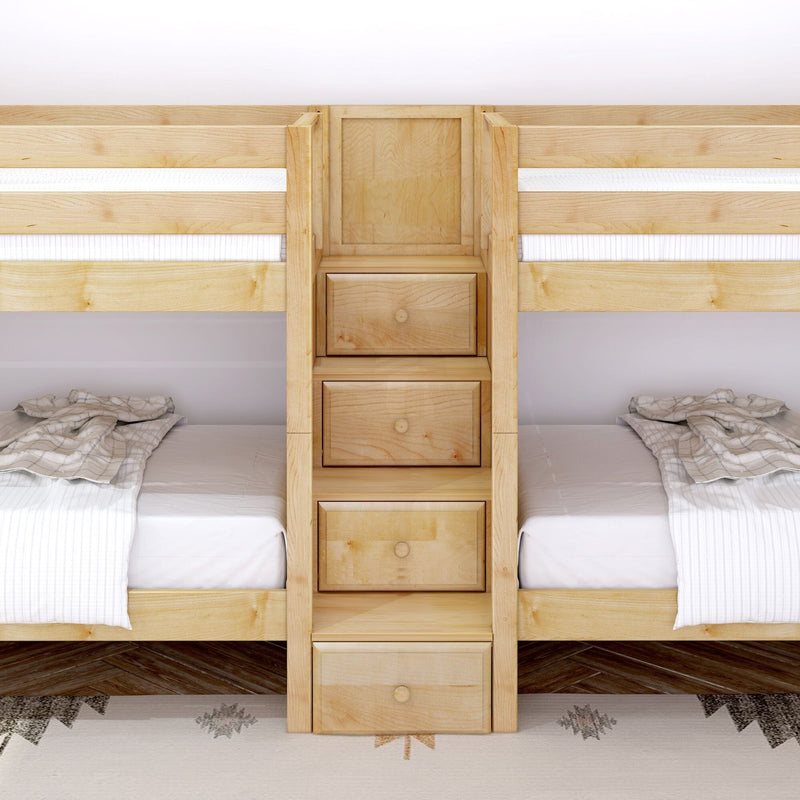Wooden twin bunk bed with built-in ladder and storage drawers in natural maple finish, white bedding and neutral kids bedroom decor