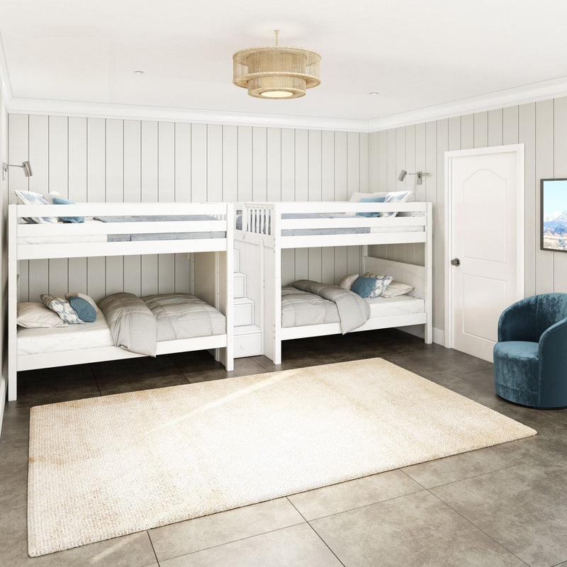 Modern kids' bedroom with white bunk beds, neutral gray bedding, vertical shiplap walls, woven ceiling light fixture and blue accent chair