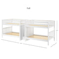 White wooden L-shaped twin-over-full bunk bed with slatted mattress supports, space-saving triple sleeping configuration for kids, 178.75 in L x 57.5 in W x 66.75 in H