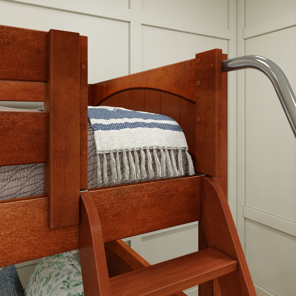 Brown wooden bunk bed with a blue and white striped blanket in a modern bedroom setting.
