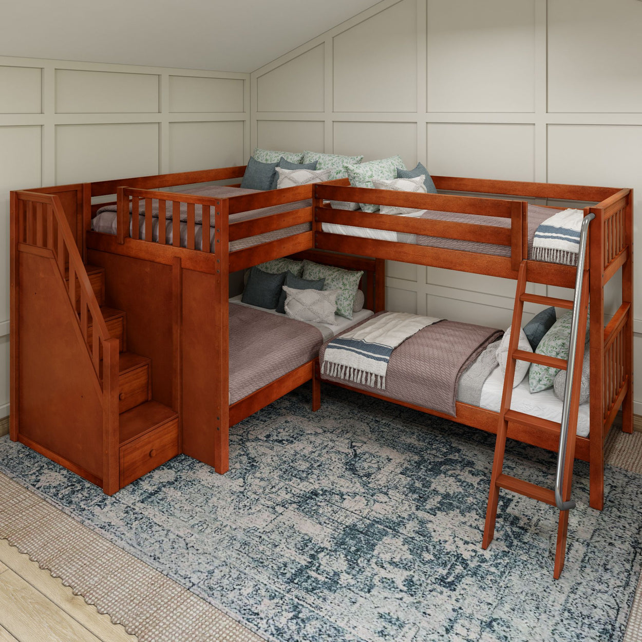 Stylish wooden L-shaped bunk bed with stairs and ladder for kids' room.