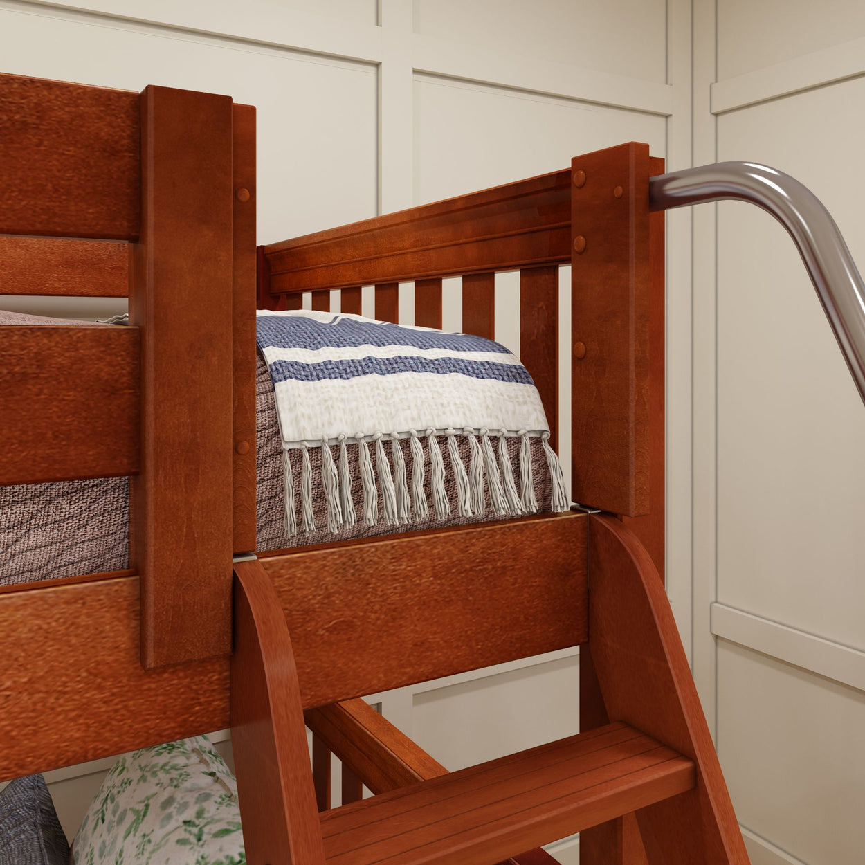 Wooden bunk bed with cozy blanket and ladder in modern bedroom.
