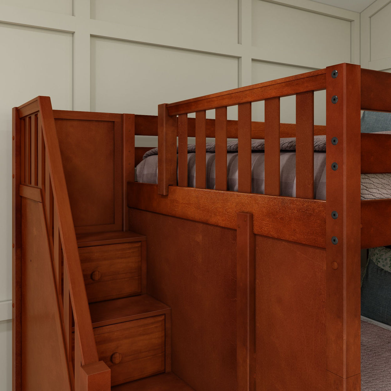 Wooden loft bed with built-in staircase and storage drawers in a modern bedroom.