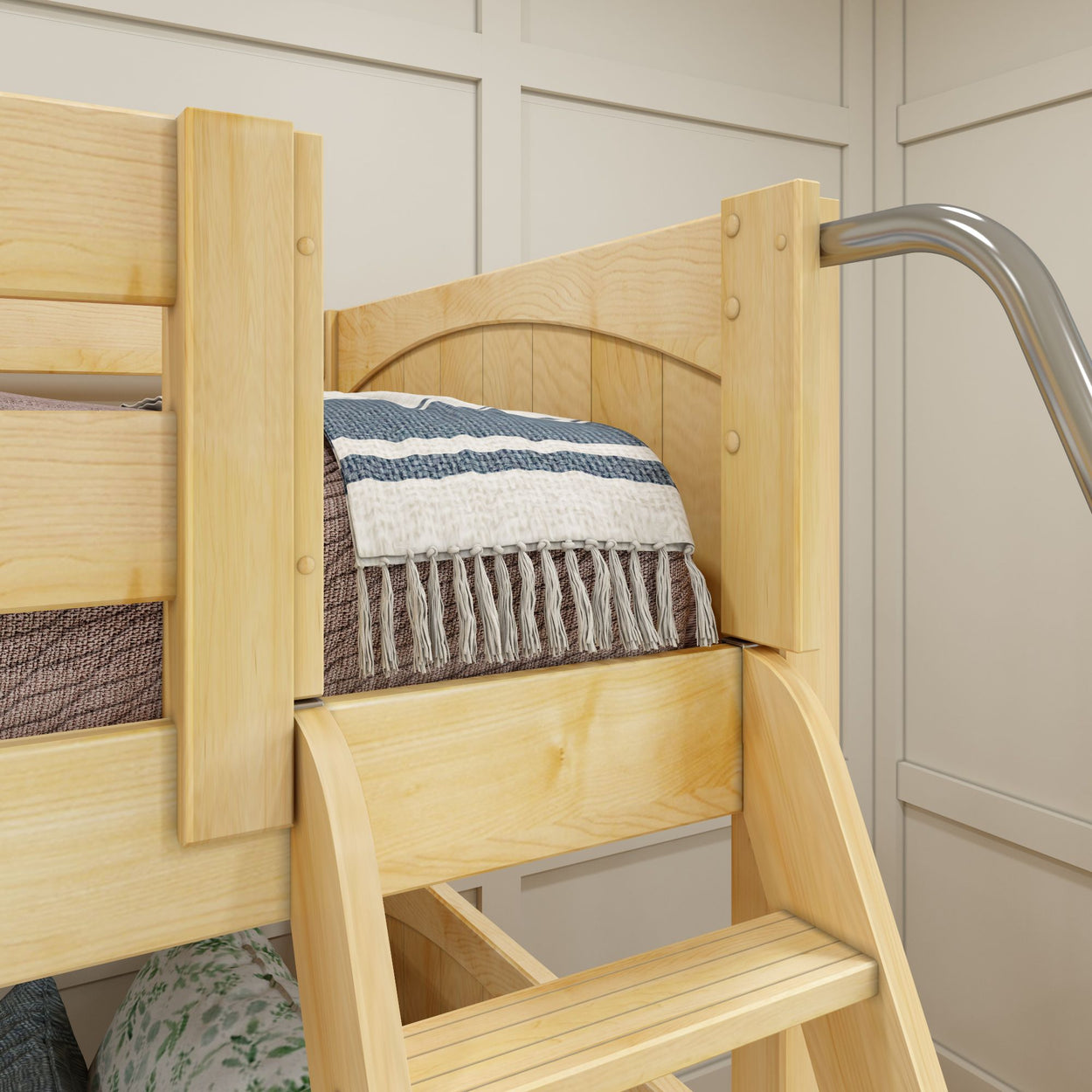 Light wood bunk bed with ladder and cozy striped blankets, ideal for children's bedrooms.