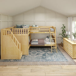 Wooden loft bunk bed with staircase in modern bedroom interior design.