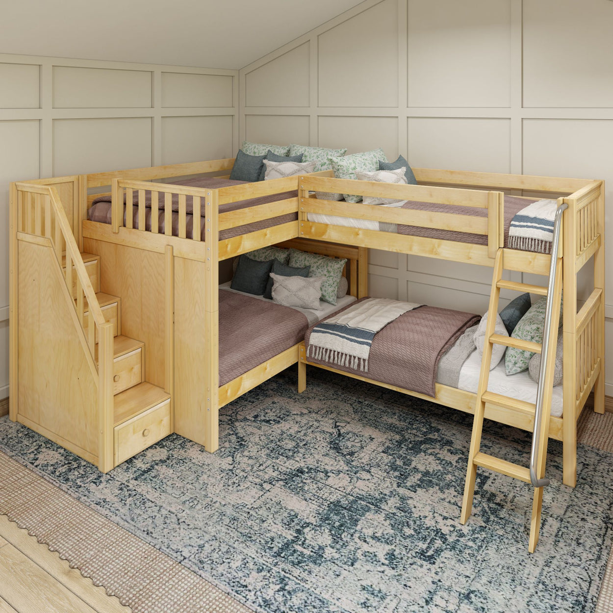Four-person L-shaped wooden bunk bed with storage stairs and ladder in a cozy bedroom.