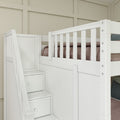White wooden loft bunk bed with built-in staircase drawers and brown bedding against beige paneled wall