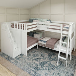 White L-shaped bunk bed with built-in storage stairs and ladder, featuring cozy bedding in a stylish kids' bedroom setting.