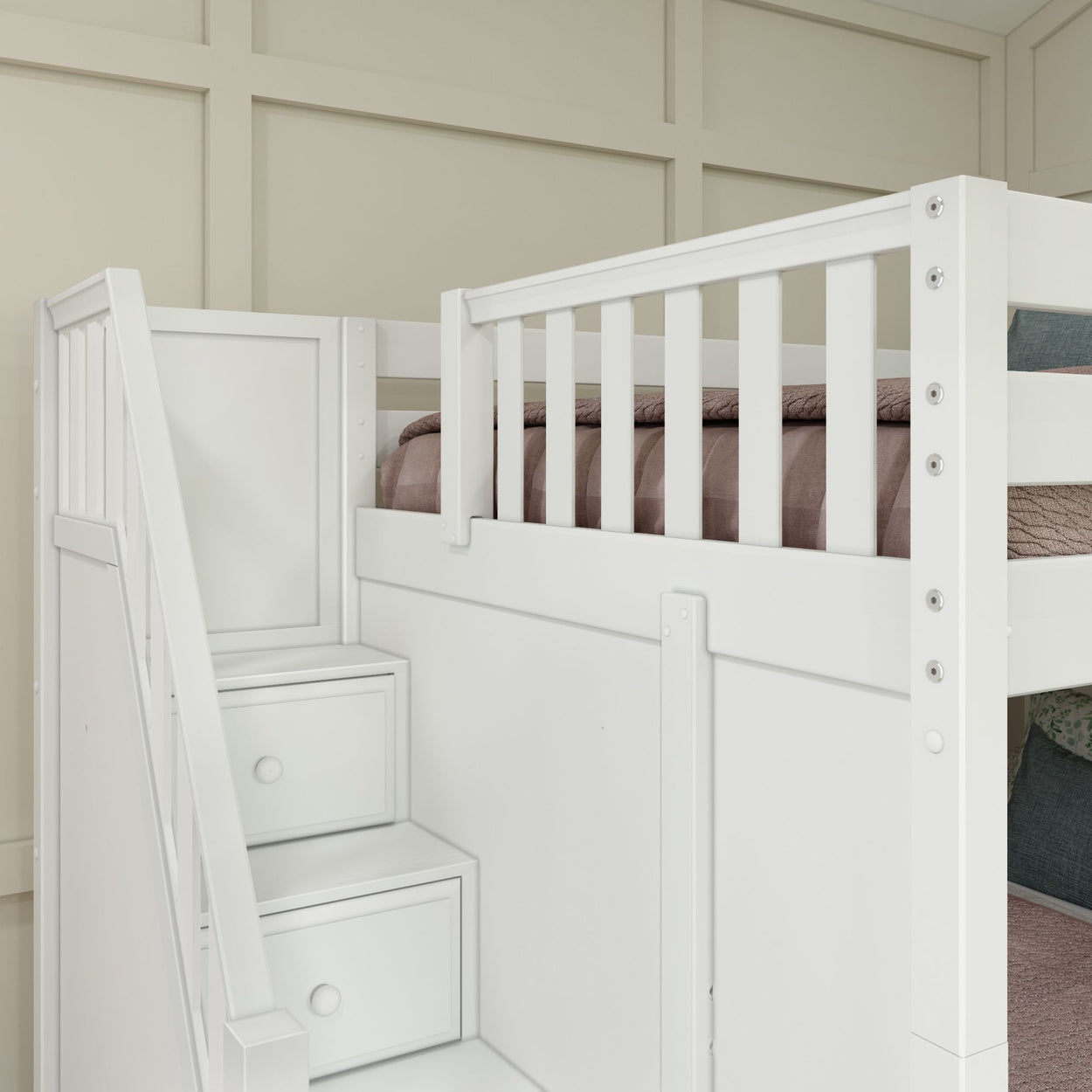 White loft bed with integrated storage stairs against paneled wall in a modern bedroom.