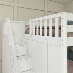 White loft bed with integrated storage stairs against paneled wall in a modern bedroom.