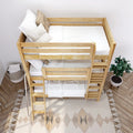 Top-down view of a natural wood twin-over-twin bunk bed with white bedding, neutral throw pillows, ladder and potted plant in a cozy kids' bedroom.