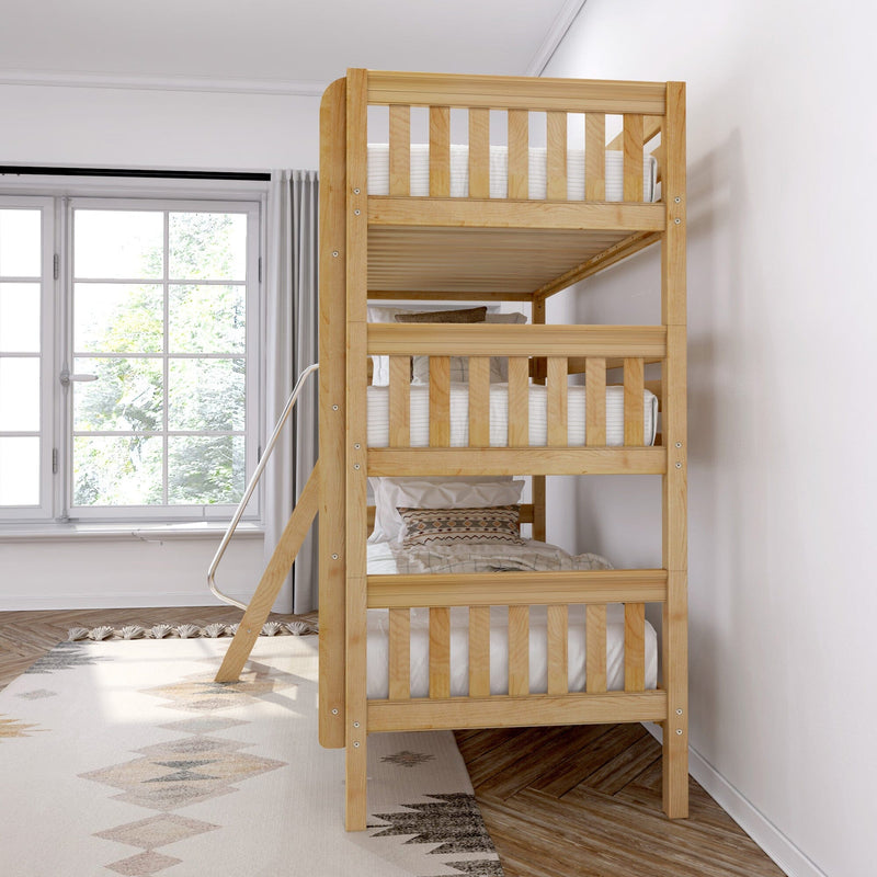 Natural wood twin bunk bed in bright modern kids' bedroom by window with space-saving ladder, white linens and patterned rug