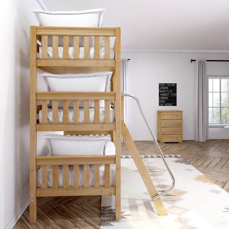 Wooden triple bunk bed for kids in a modern light-filled bedroom with white bedding, ladder, neutral rug and wooden dresser