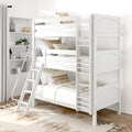 White wooden twin-over-twin bunk bed with ladder and neutral farmhouse bedding in bright kids' bedroom with built-in shelves