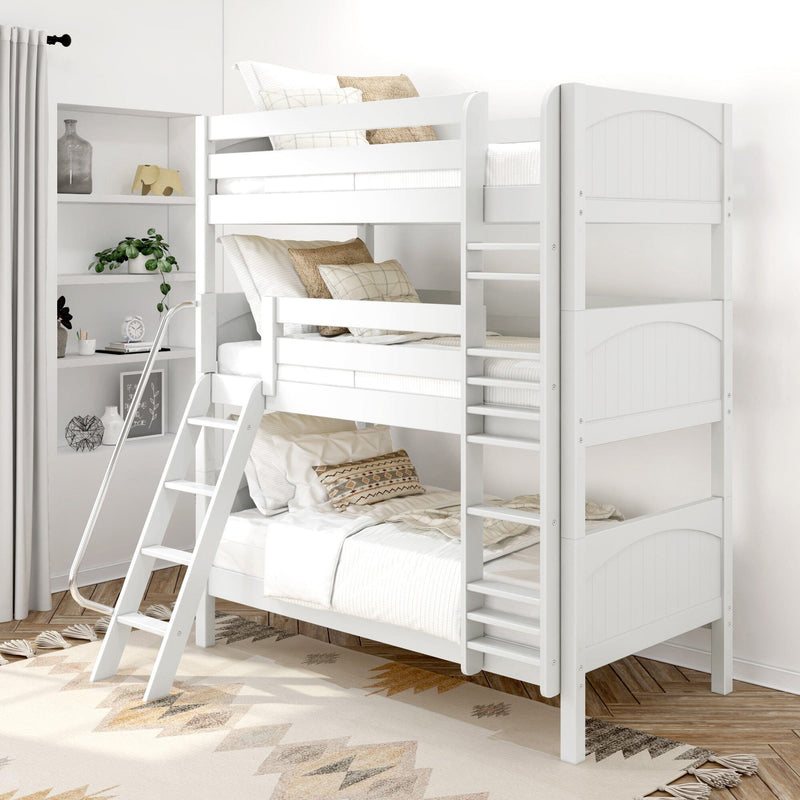 White wooden twin-over-twin bunk bed with ladder and neutral farmhouse bedding in bright kids' bedroom with built-in shelves