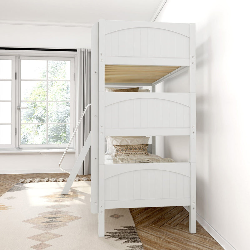 White wooden bunk bed with ladder in a bright Scandinavian-style bedroom by a large window, neutral bedding and patterned rug