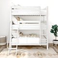 White wooden bunk bed with ladder, neutral linens and decorative pillows in a bright modern kids' bedroom with potted plant and patterned rug