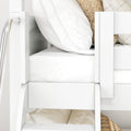 Close-up of a white wooden bunk bed ladder and safety rail with crisp white striped duvet, fitted sheet and neutral textured pillows