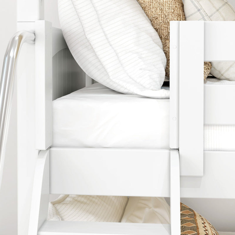 Close-up of a white wooden bunk bed ladder and safety rail with crisp white striped duvet, fitted sheet and neutral textured pillows
