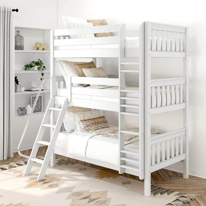 White wooden twin-over-twin bunk bed with ladder and neutral boho bedding in modern kids bedroom