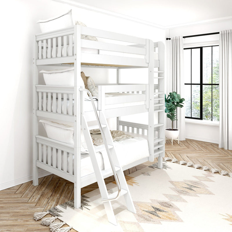 White triple bunk bed with ladder in bright modern kids' bedroom featuring white curtains, potted plant, patterned rug and herringbone wood floor.